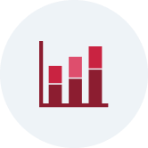Bar chart icon with five maroon bars of varying heights on a light blue circular background.