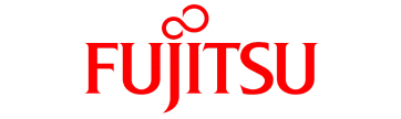 Fujitsu logo in red on a black background